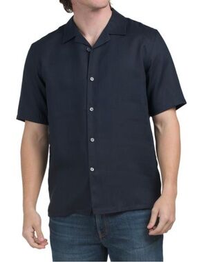 Theory Men's Navy Linen Short-Sleeve Shirt